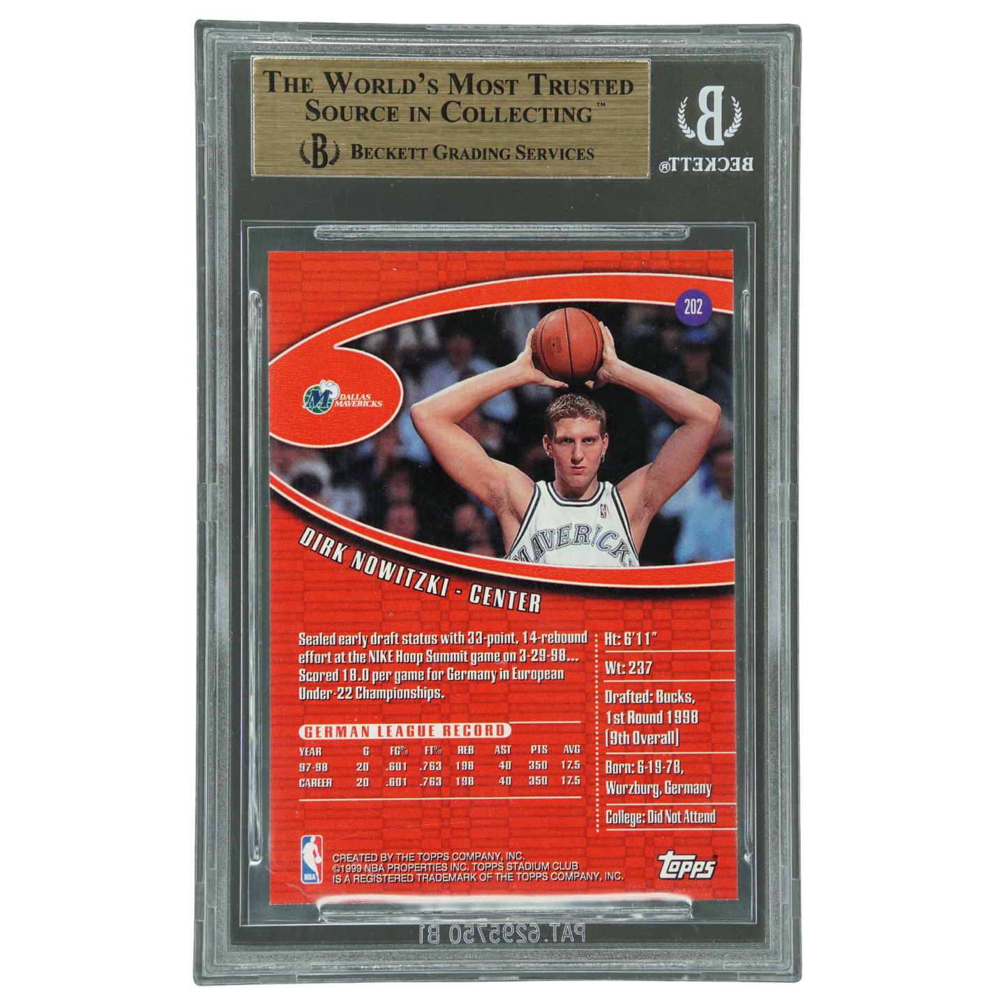 Dirk Nowitzki 1998-99 Stadium Club RC BGS 9.5 #202