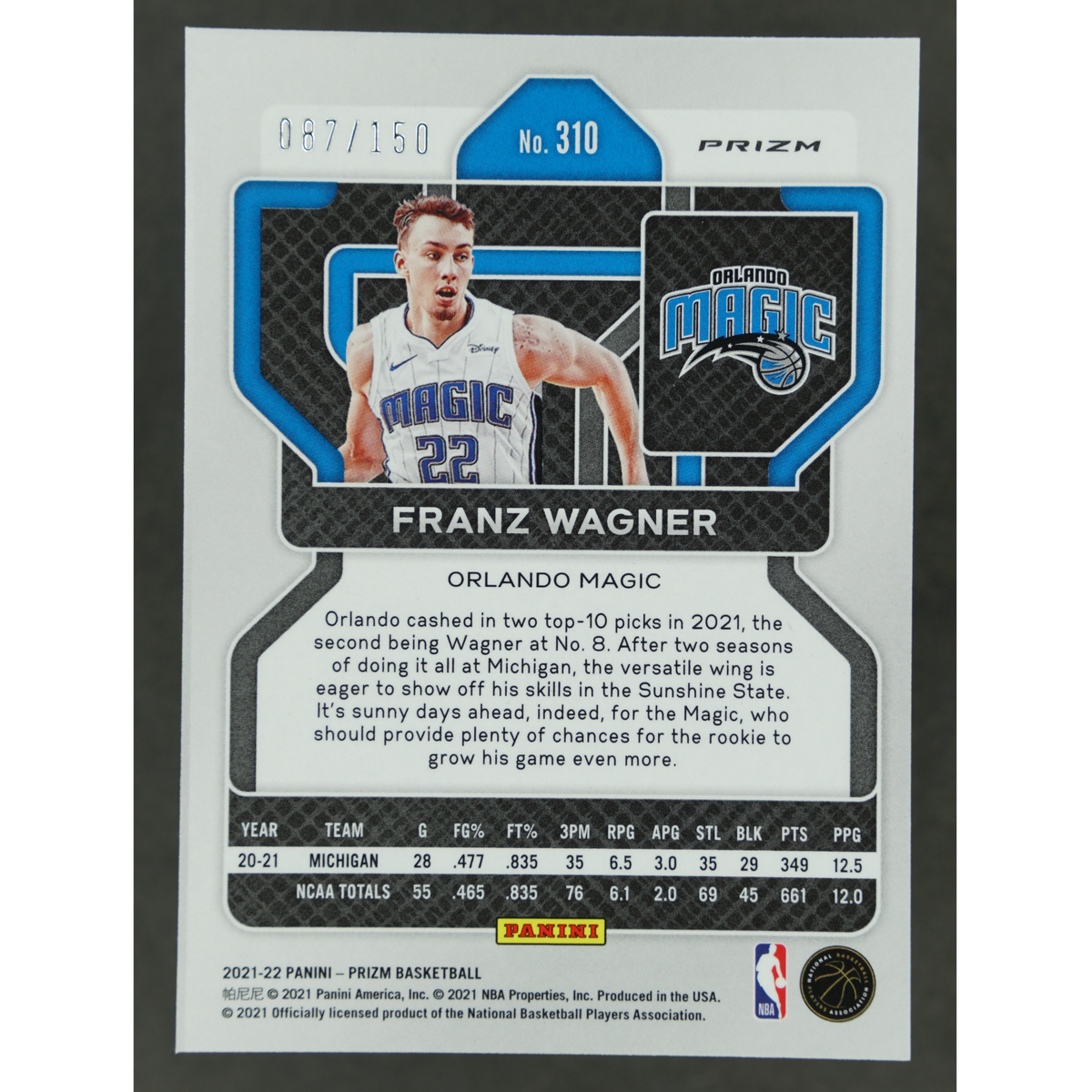 Franz Wagner 2021 Prizm Blue Fast Break RC 87/150 #310