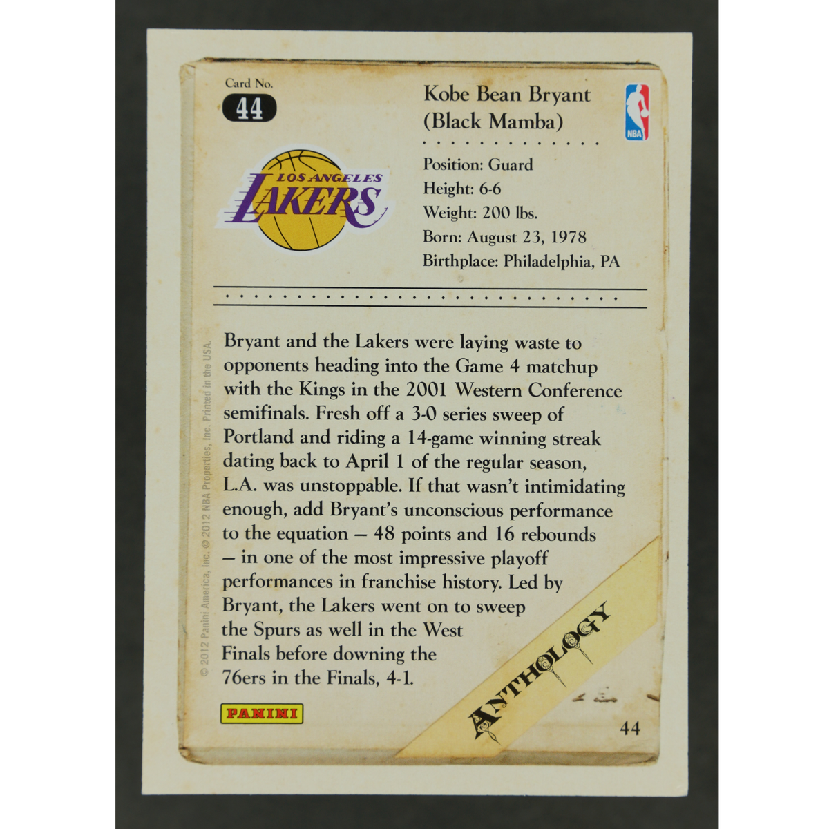 Kobe Bryant 2012 Anthology 1/8 #44