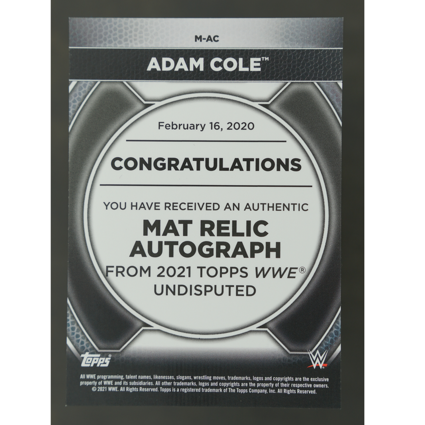 Adam Cole 2021 Undisputed Mat Relic Auto 29/50 #M-AC