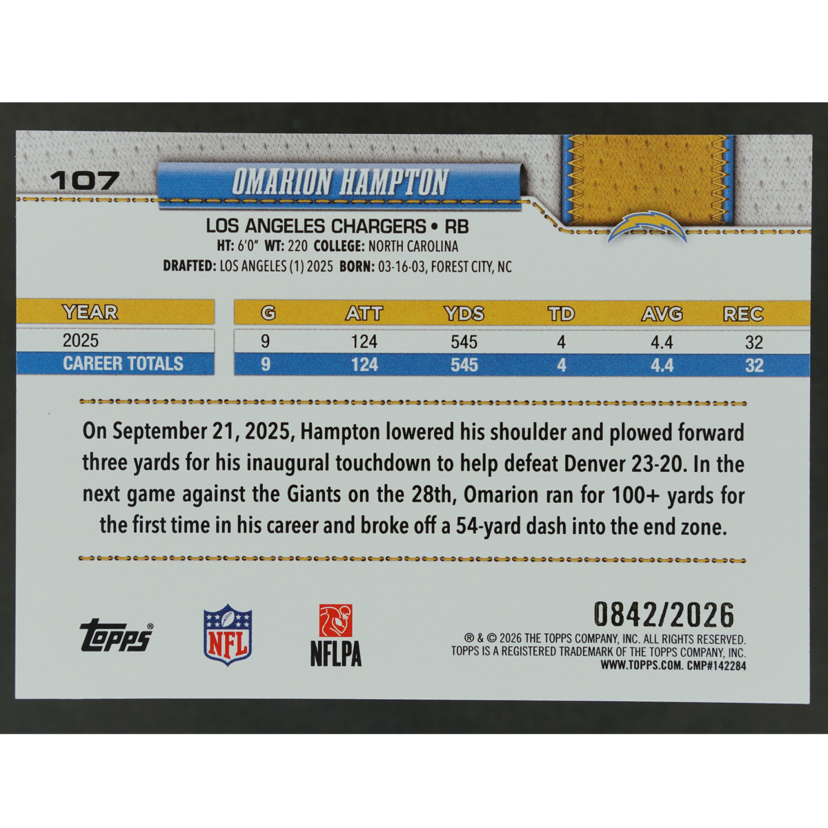 Omarion Hampton 2026 Topps 842/2026 #107
