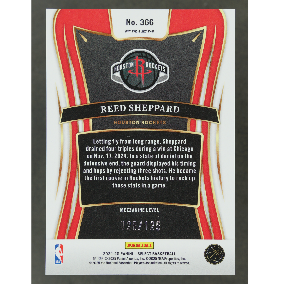 Reed Sheppard 2024 Select White RC Rookie Card 28/125 #366