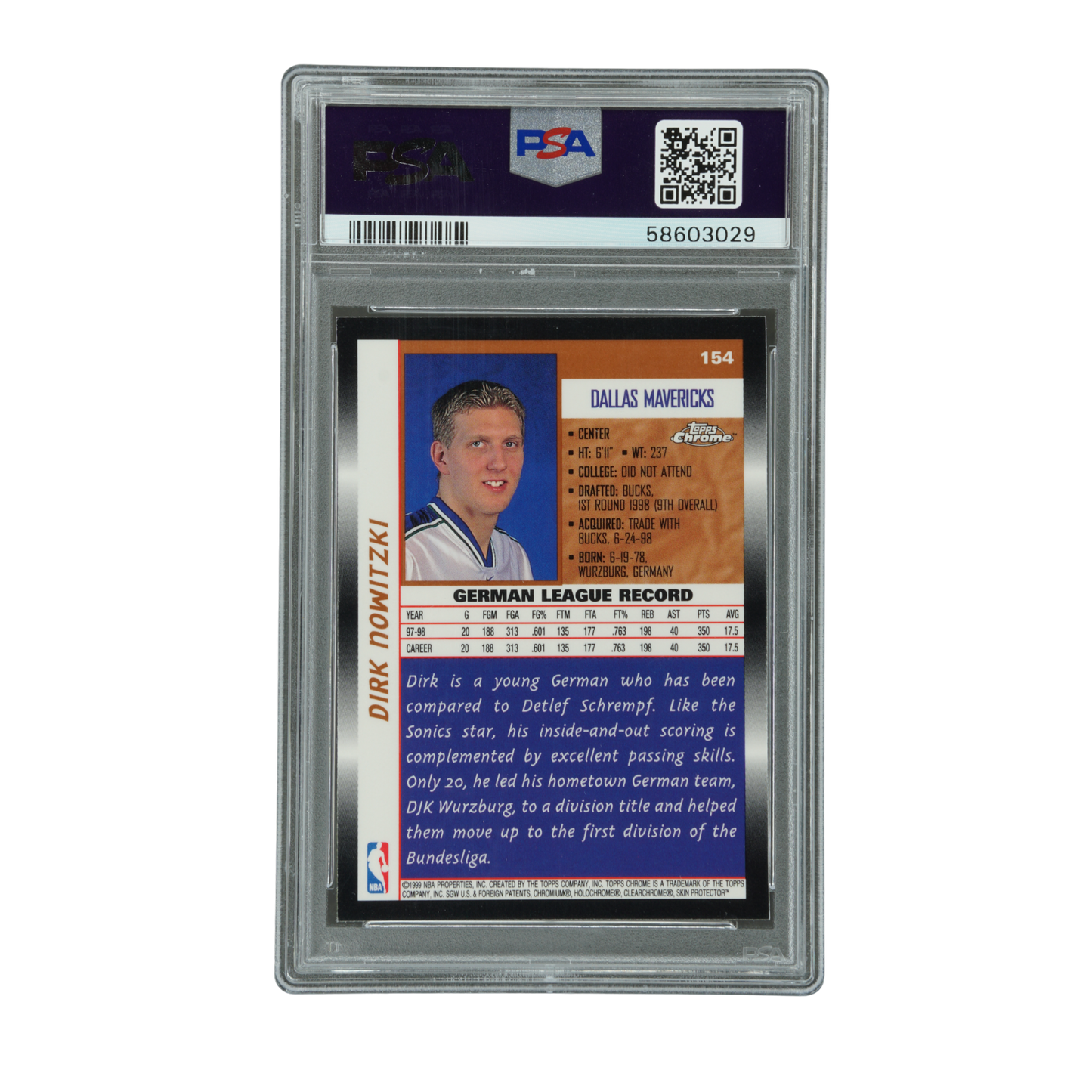 Dirk Nowitzki 1998 Chrome RC PSA 9 #154