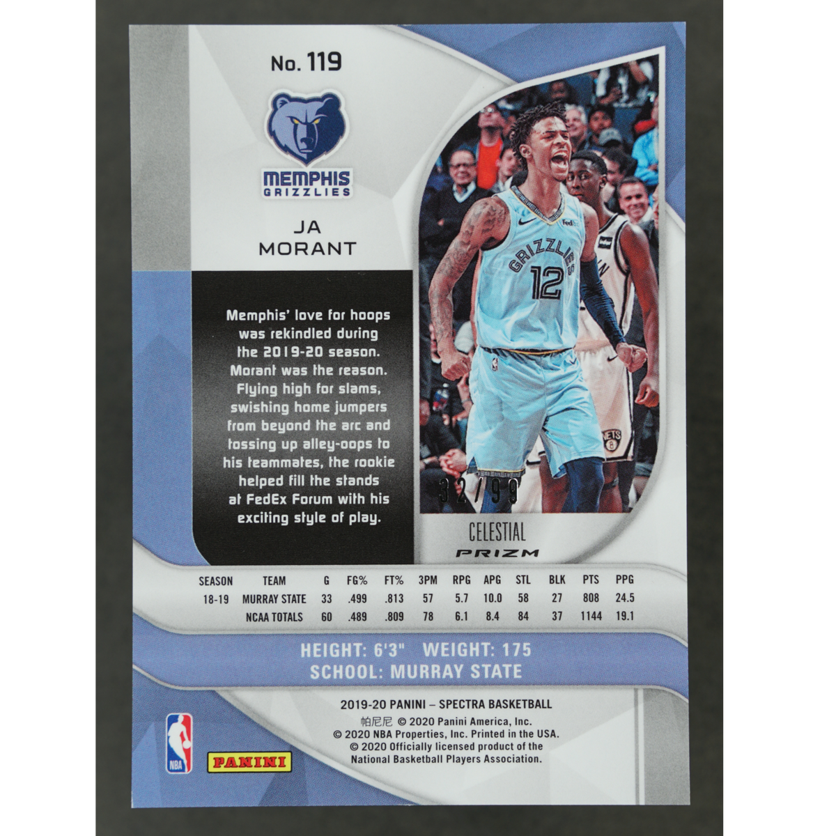 Ja Morant 2019 Spectra Celestial 32/99 RC Rookie Card #119