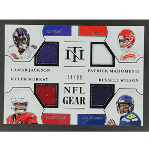 Lamar Jackson, Patrick Mahomes, Kyler Murray, Russell Wilson 2020 National Treasures NFL Gear 74/99 #QM-QB