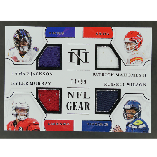Lamar Jackson, Patrick Mahomes, Kyler Murray, Russell Wilson 2020 National Treasures NFL Gear 74/99 #QM-QB