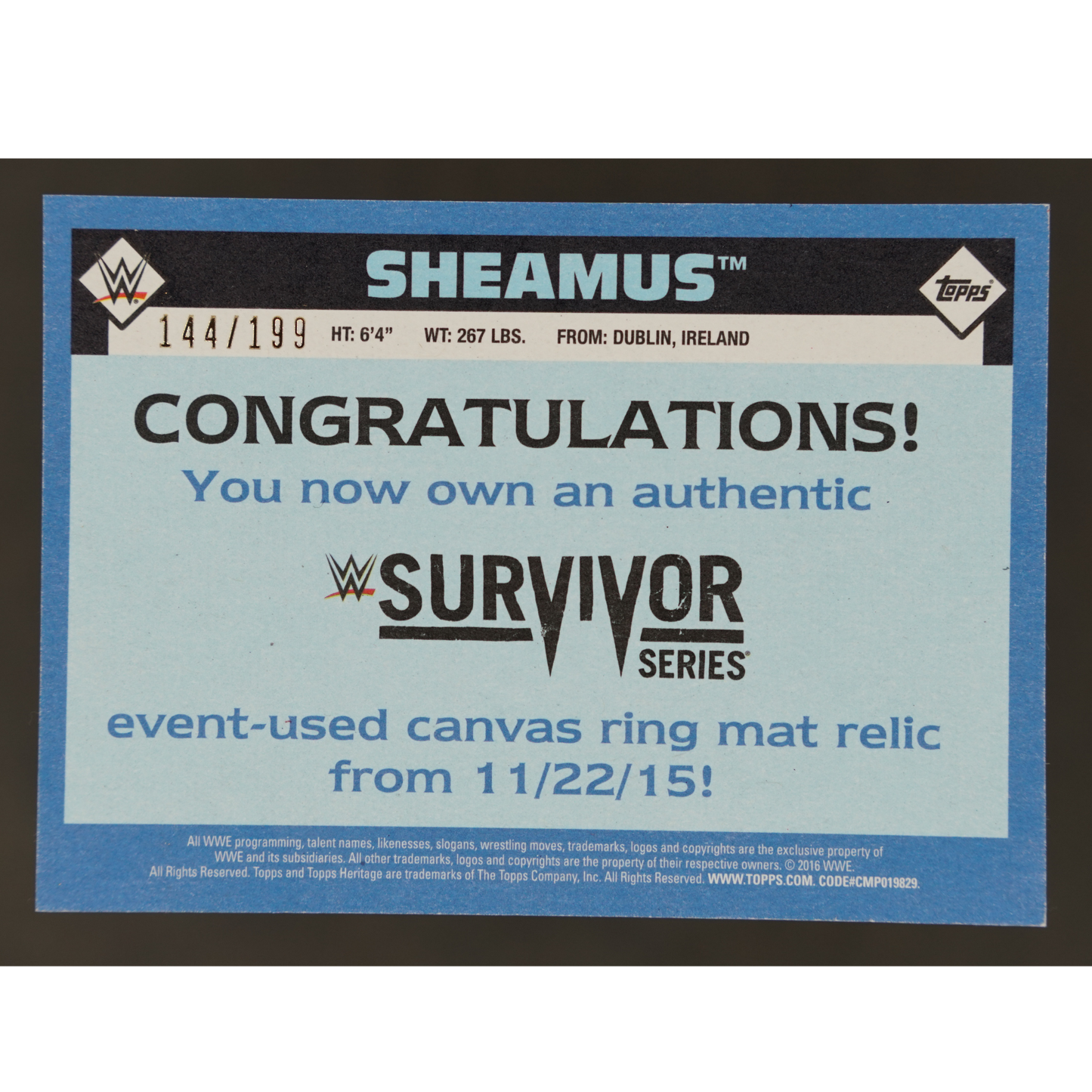Sheamus 2016 Survivor Series Authentic Mat Relic 144/199
