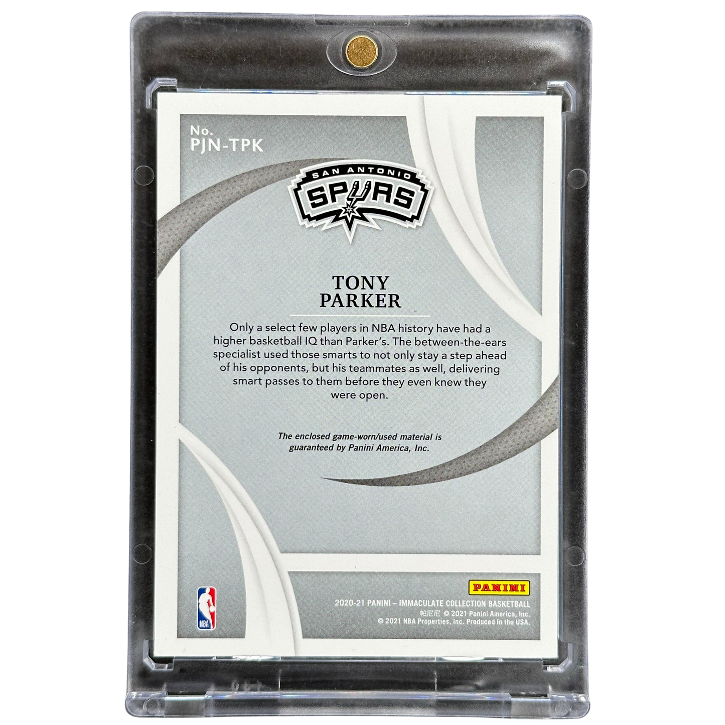 Tony Parker 2020 Immaculate Patch Game Worn 8/9 #PJN-TPK