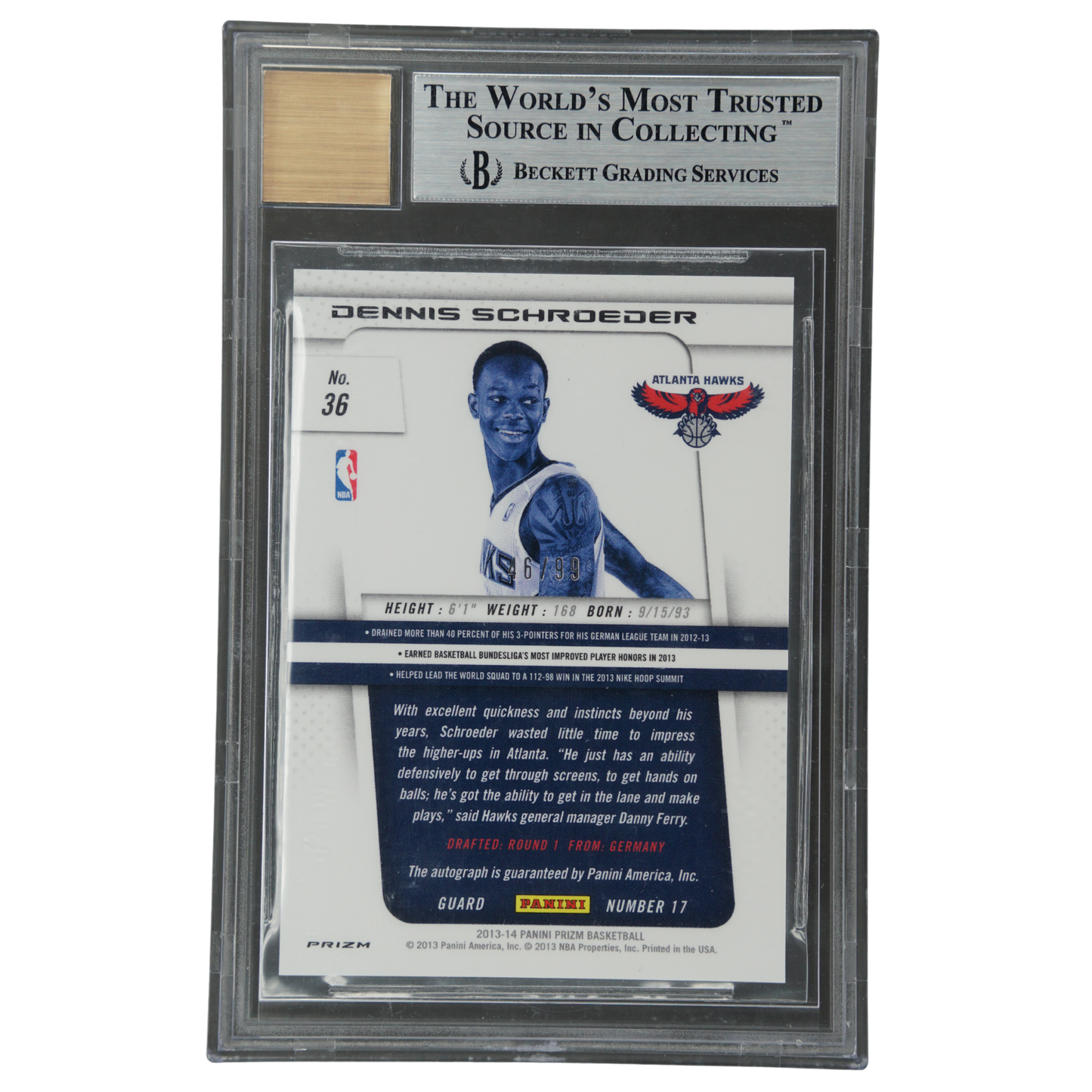 Dennis Schröder 2013 Prizm RC Rookie Card Auto 46/99 BGS 9 #36