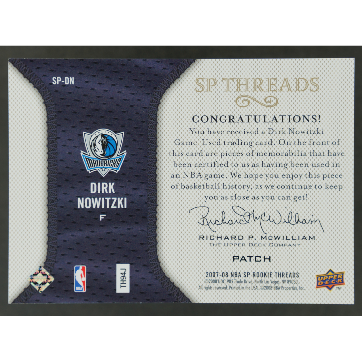 Dirk Nowitzki 2007-08 SP Threads Patch #SP-DN