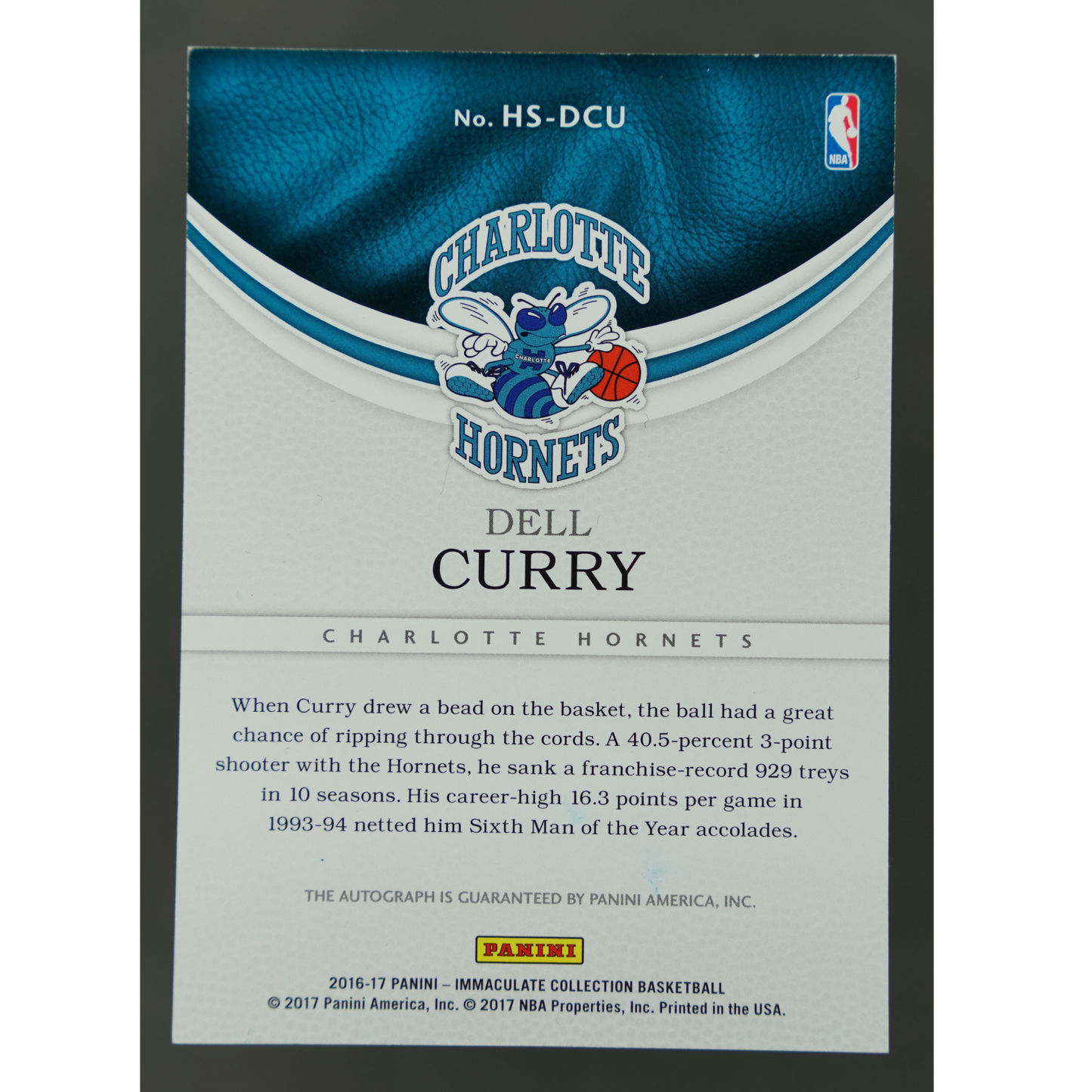 Dell Curry 2016 Immaculate Auto 42/99 #HS-DCU