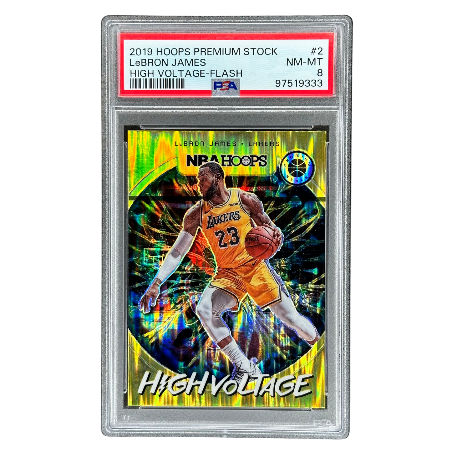 LeBron James 2019 Hoops Premium Stock High Voltage-Flash PSA 8 #2