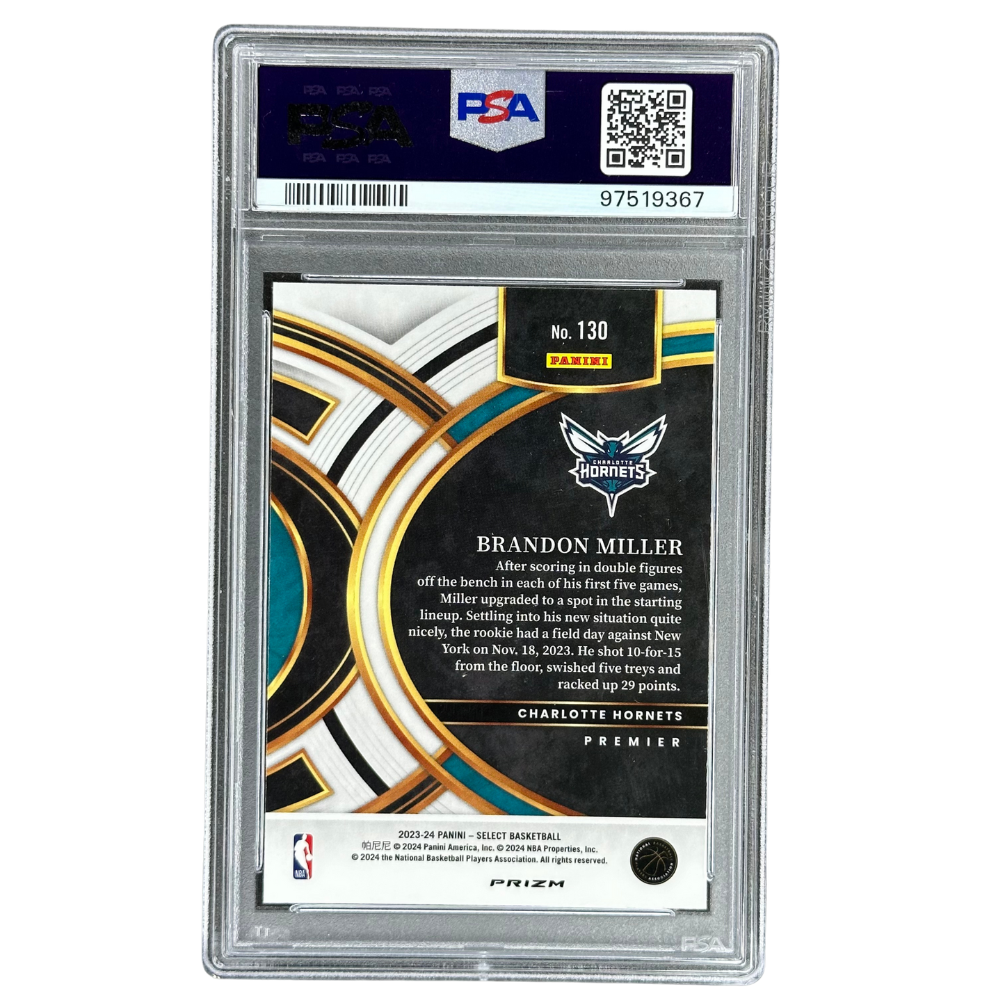 Brandon Miller 2023 Select Green/White/Purple RC Rookie Card PSA 10 #130
