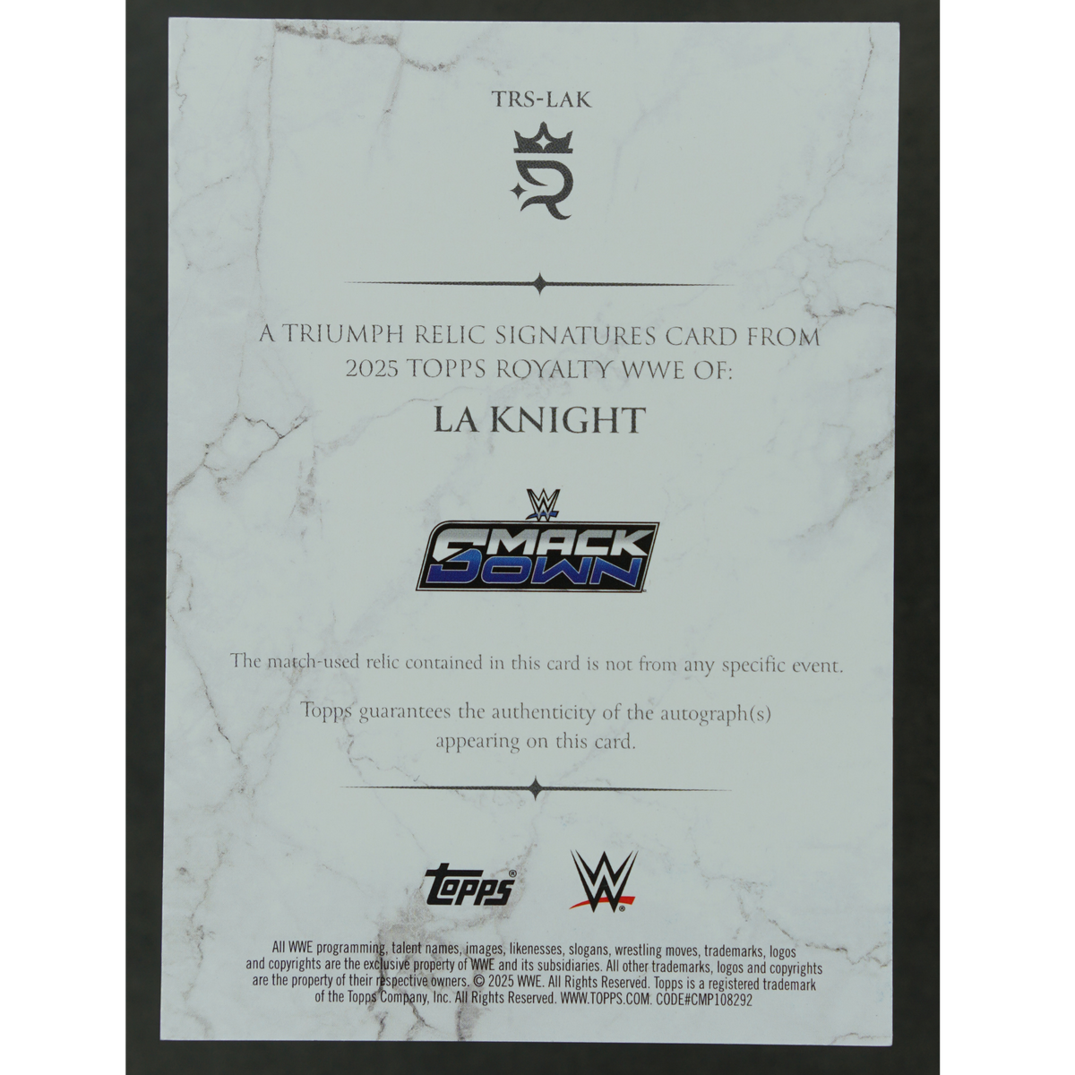 LA Knight 2025 Royalty Triumph Relic Signatures 26/99 #TRS-LAK