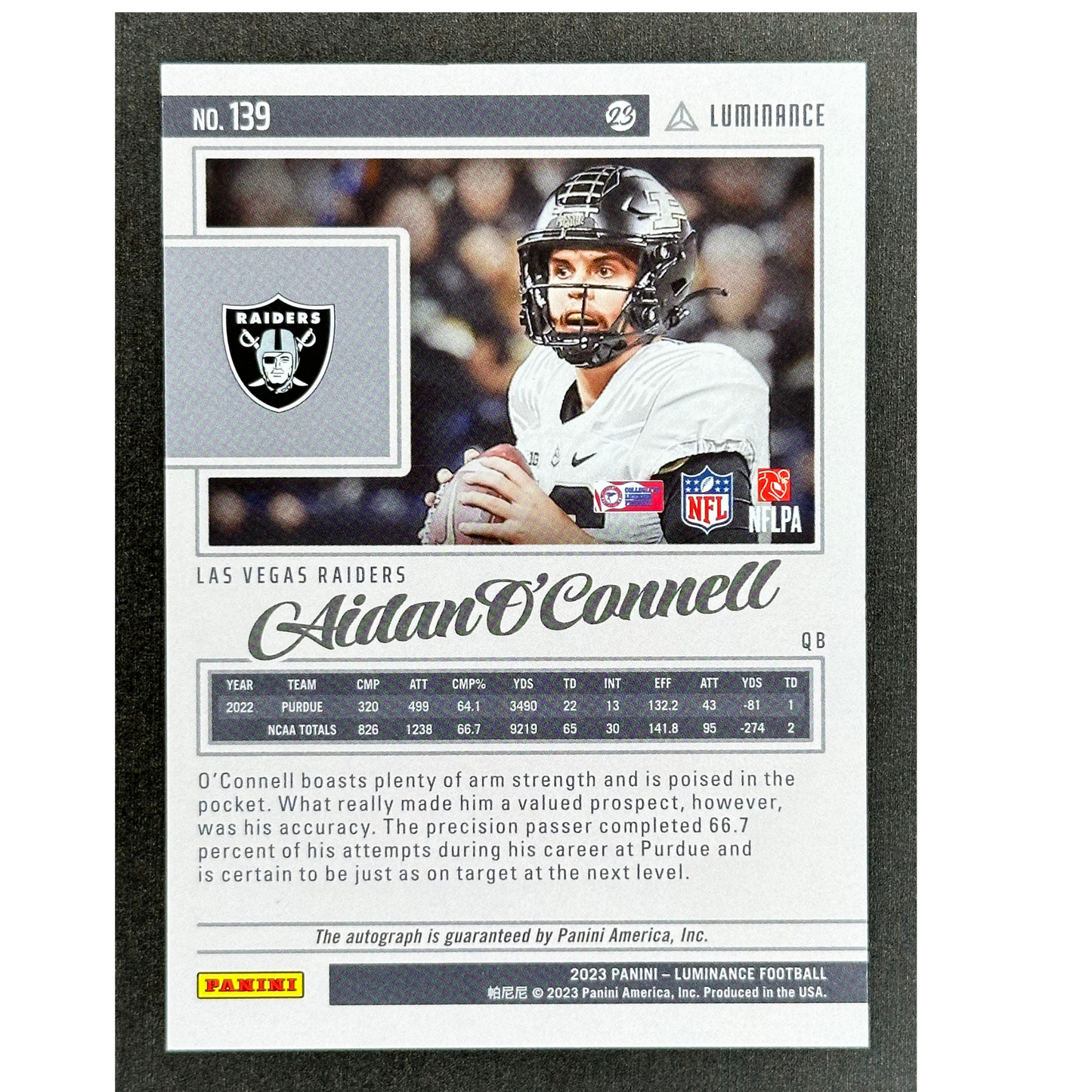 Aidan O‘Connell 2023 Luminance RC Rookie Card Auto 8/10 #139