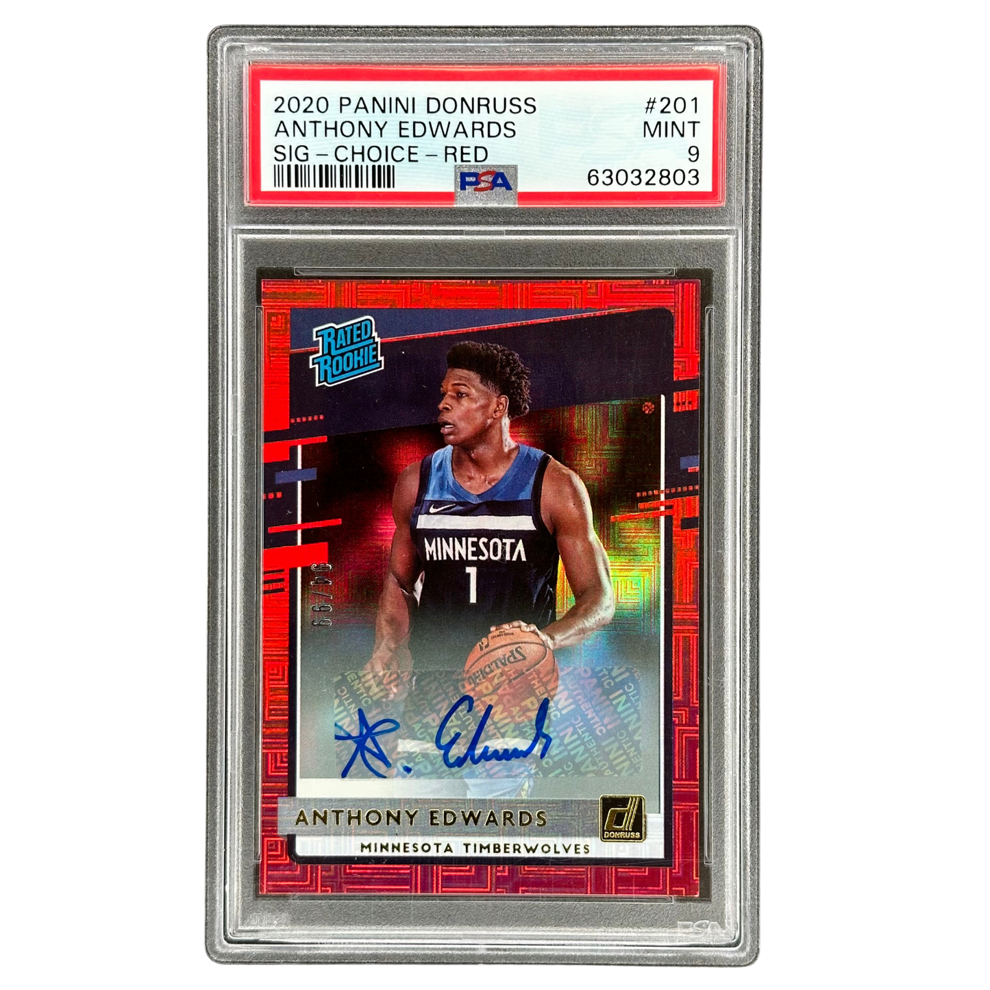 Anthony Edwards 2020 Donruss Rated Rookie Auto 94/99 PSA 9 #201