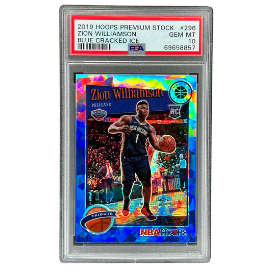 Zion Williamson 2019 Hoops Premium Stock Blue Cracked Ice RC Rookie Card PSA 10 #296