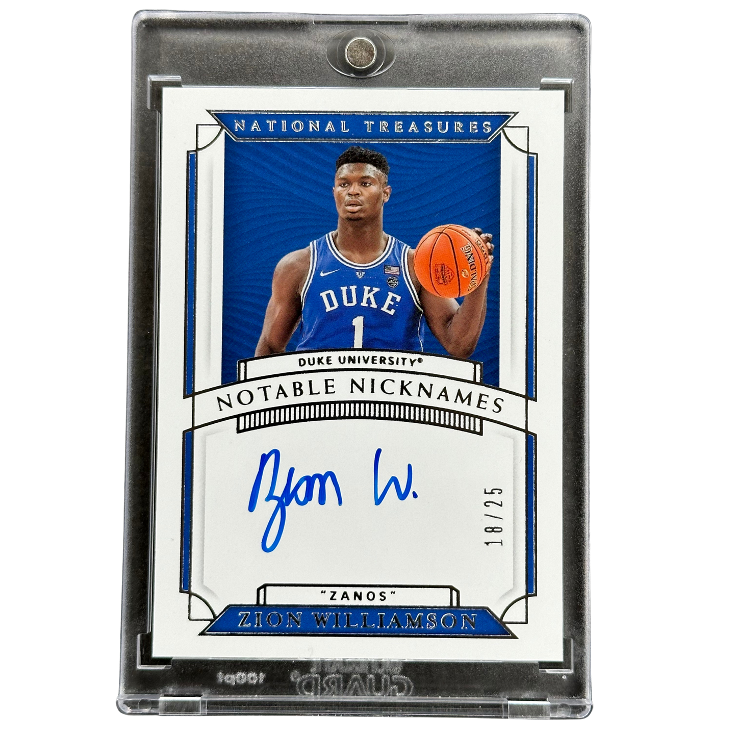 Zion Williamson 2019 National Treasures Collegiate Notible Nicknames "Zanos" Auto 18/25 #1