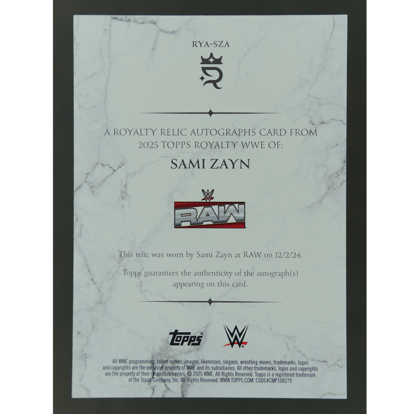 Sami Zayn 2025 Royalty Relic Auto 36/50 #RYA-SZA