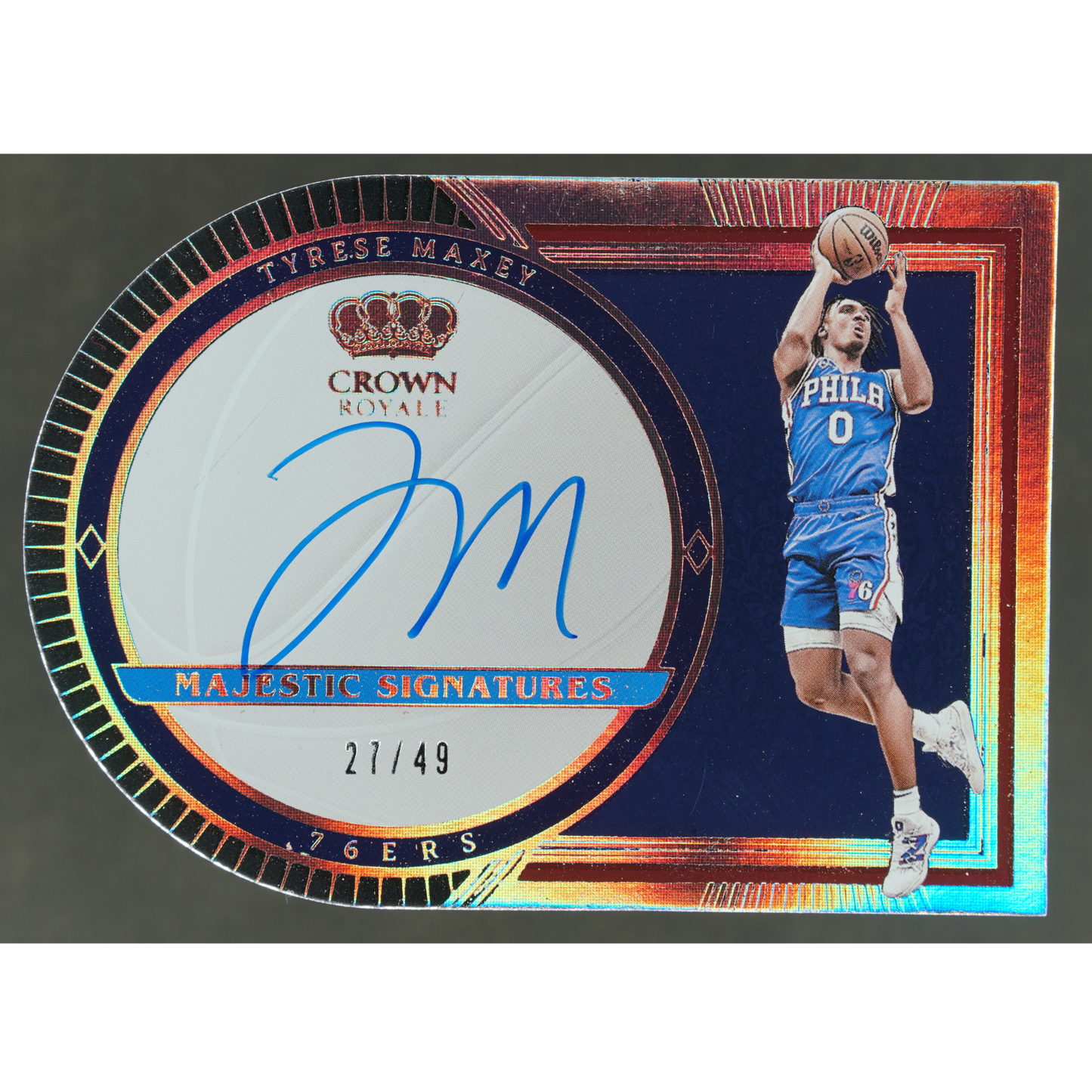 Tyrese Maxey 2023 Crown Royale Majestic Signatures Die-Cut Auto 27/49 #MS-TYM