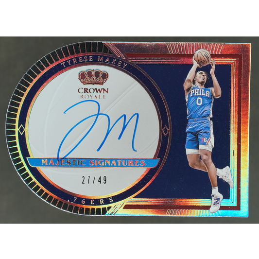 Tyrese Maxey 2023 Crown Royale Majestic Signatures Die-Cut Auto 27/49 #MS-TYM