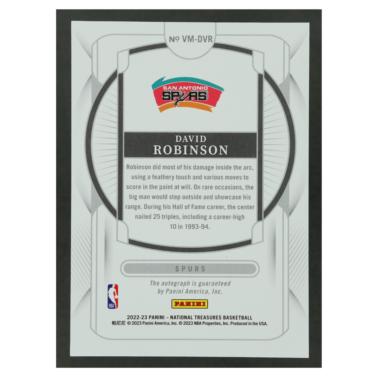 David Robinson 2022-23 National Treasures Validating Marks Auto 3/25 #VM-DVR