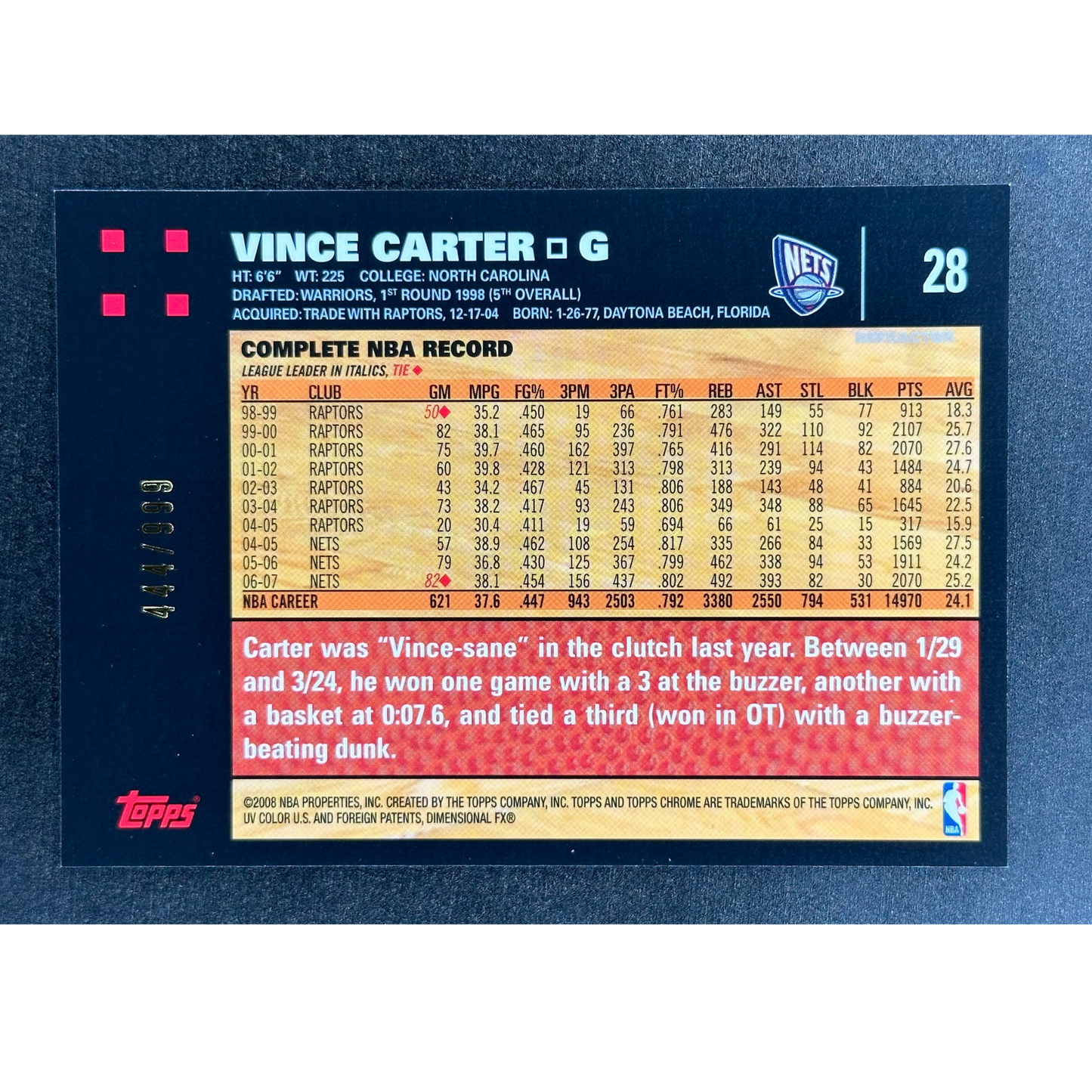 Vince Carter 2008 Chrome Refractor 444/999 #28