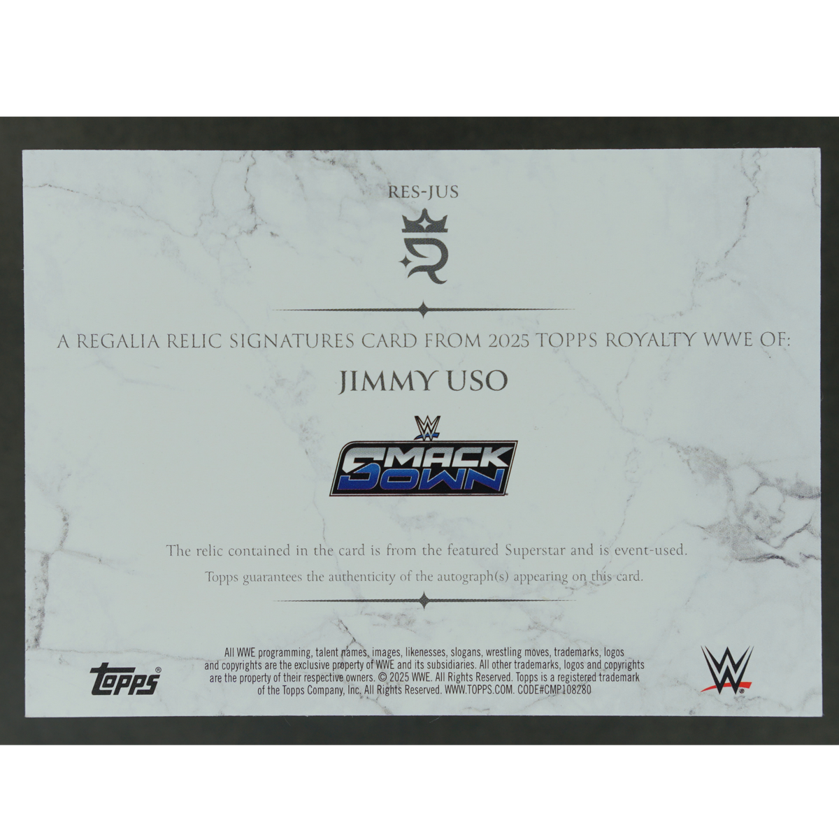 Jimmy Uso 2025 Royalty Regalia Relic Auto 68/99 #RES-JUS