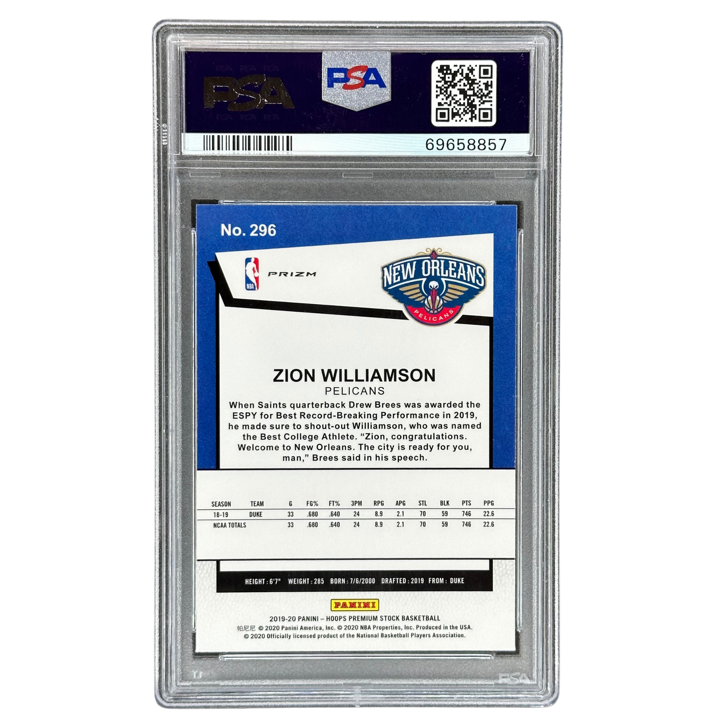 Zion Williamson 2019 Hoops Premium Stock Blue Cracked Ice RC Rookie Card PSA 10 #296