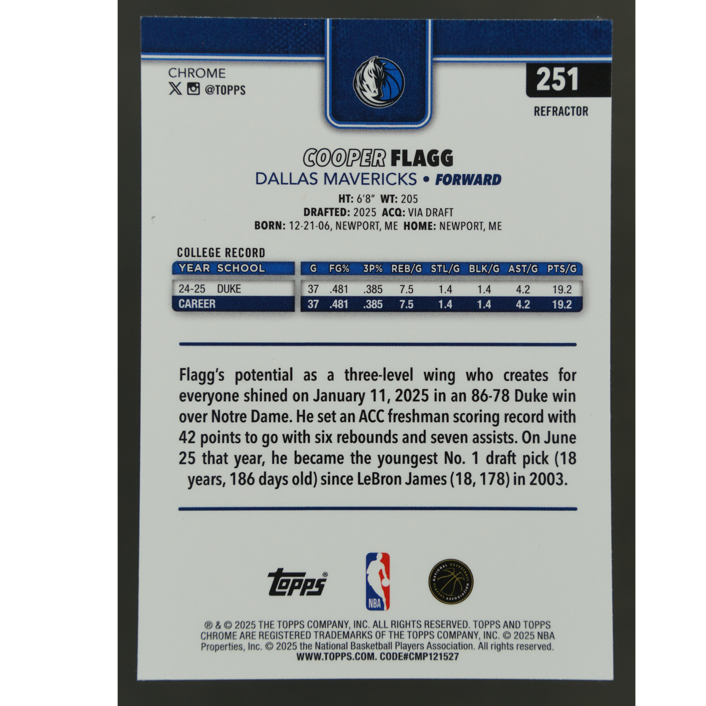 Cooper Flagg 2025 Chrome RC Refractor #251