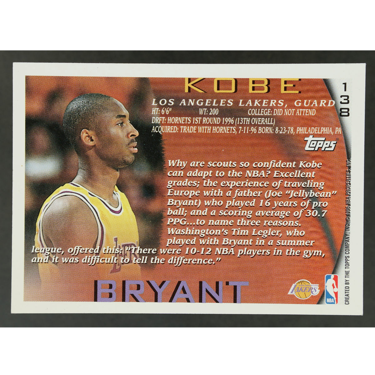 Kobe Bryant 1996 Topps RC #138