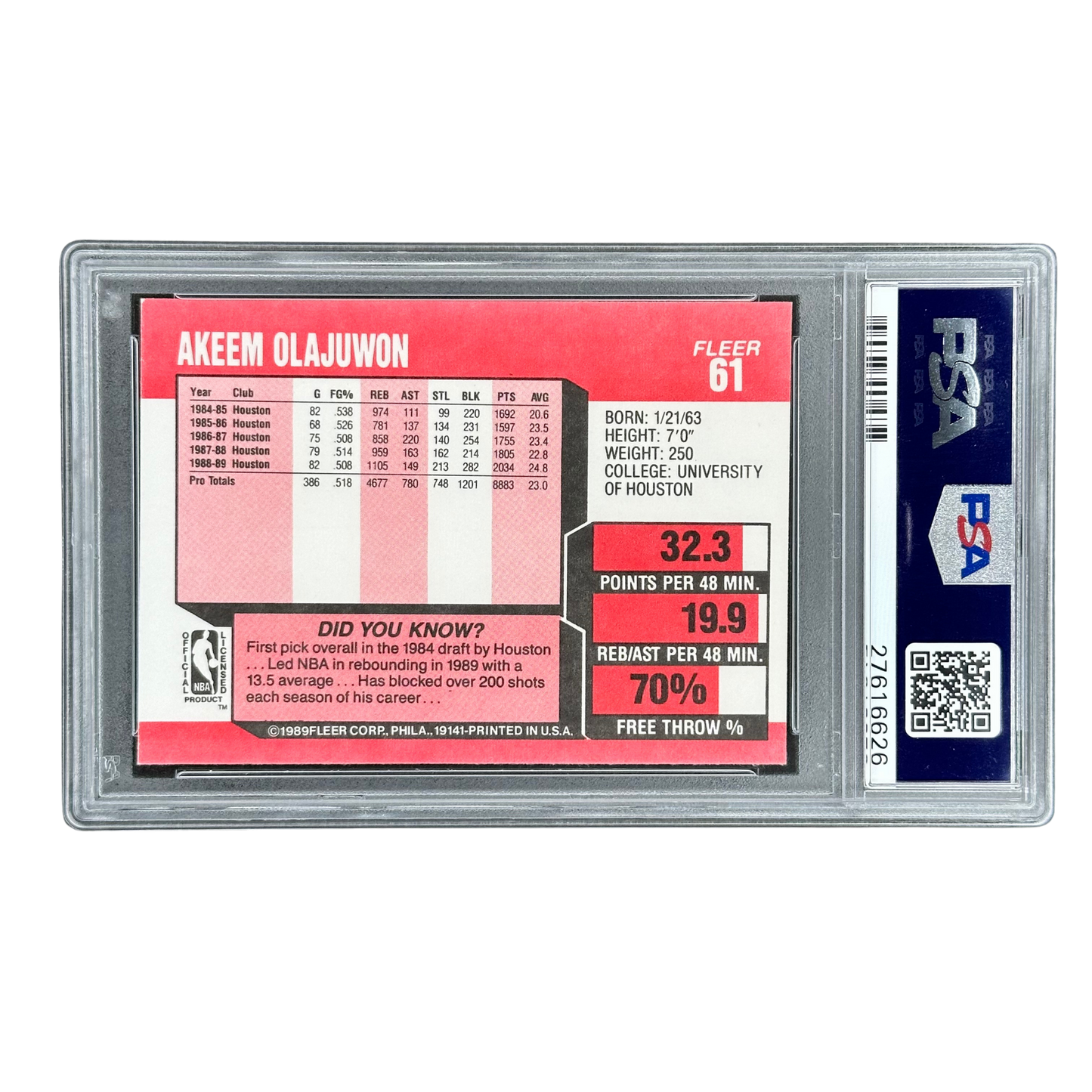 Akeem (Hakeem) Olajuwon 1989 Fleer PSA 9 #61