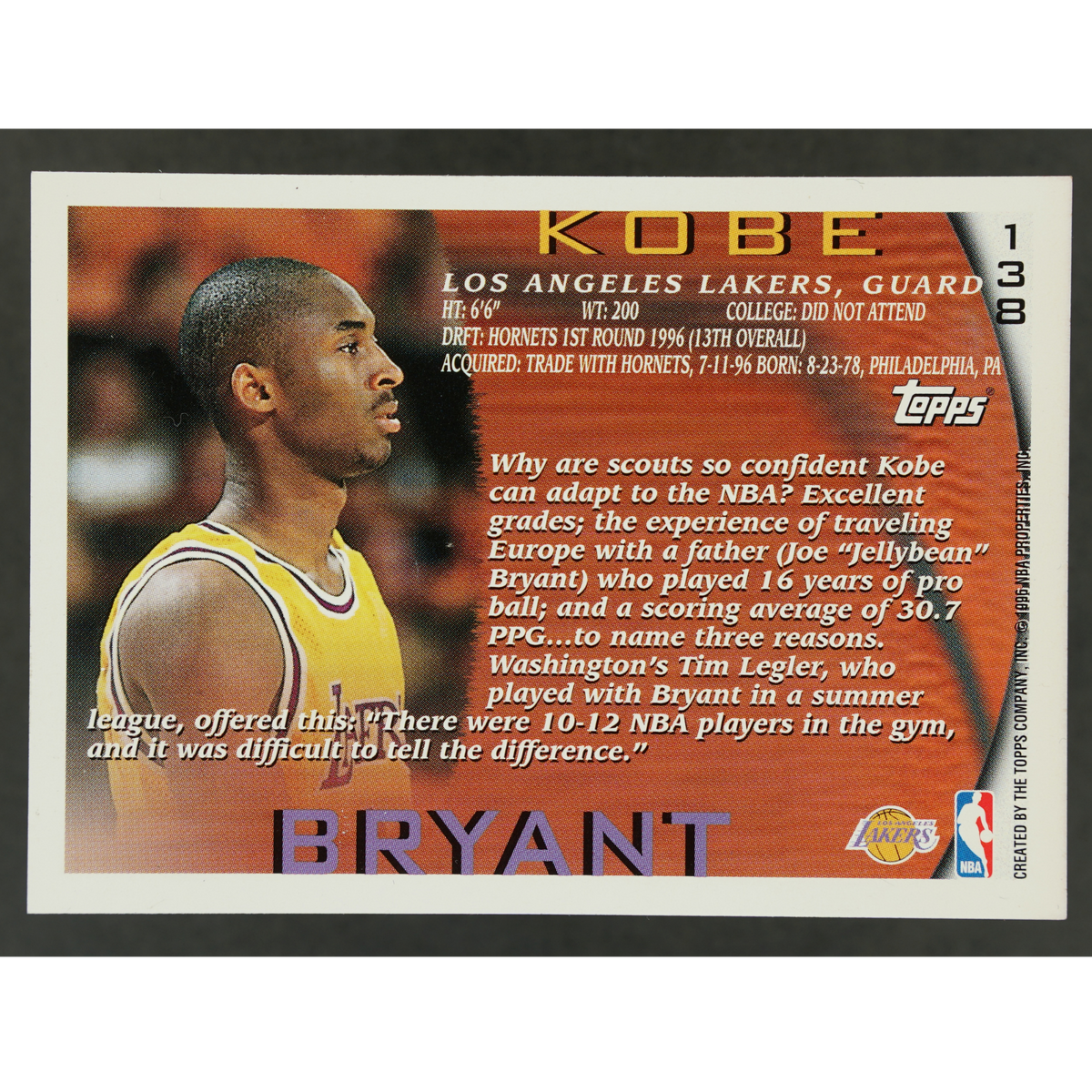 Kobe Bryant 1996 Topps RC #138