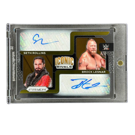 Seth Rollins and Brock Lesnar 2022 Prizm Iconic Rivals Dual Auto 5/25 #IR-SB