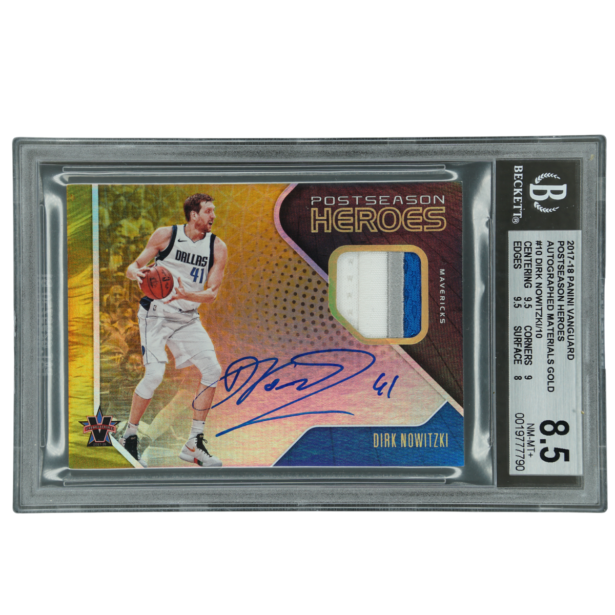 Dirk Nowitzki 2017-18 Vanguard Postseason Heroes Memorabilia Auto 6/10 BGS 8.5 #PH-DNW