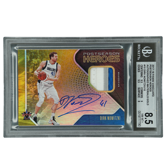 Dirk Nowitzki 2017-18 Vanguard Postseason Heroes Memorabilia Auto 6/10 BGS 8.5 #PH-DNW
