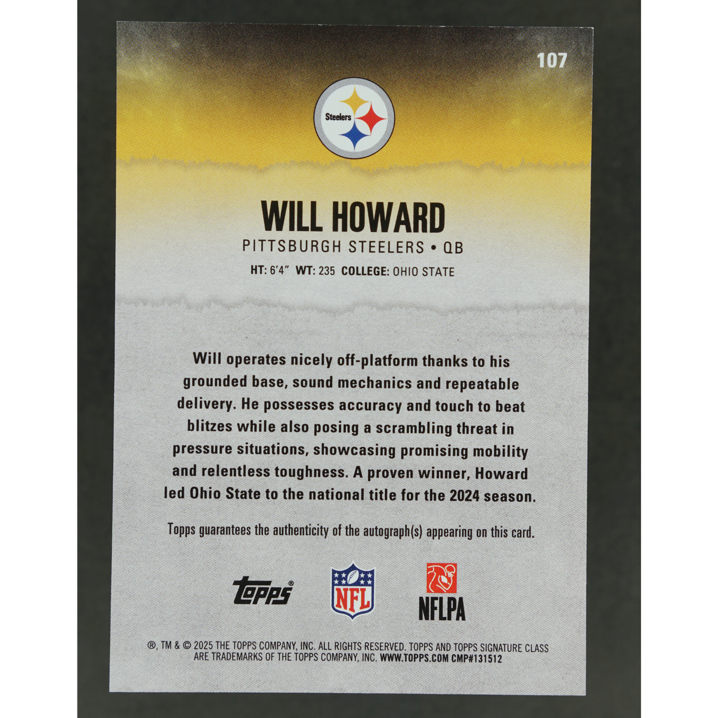 Will Howard 2025 Topps Signature Class RC Auto #107