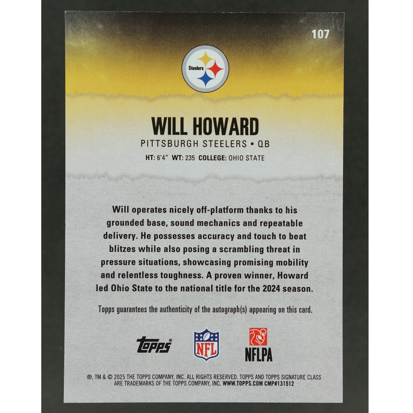 Will Howard 2025 Topps Signature Class RC Auto #107
