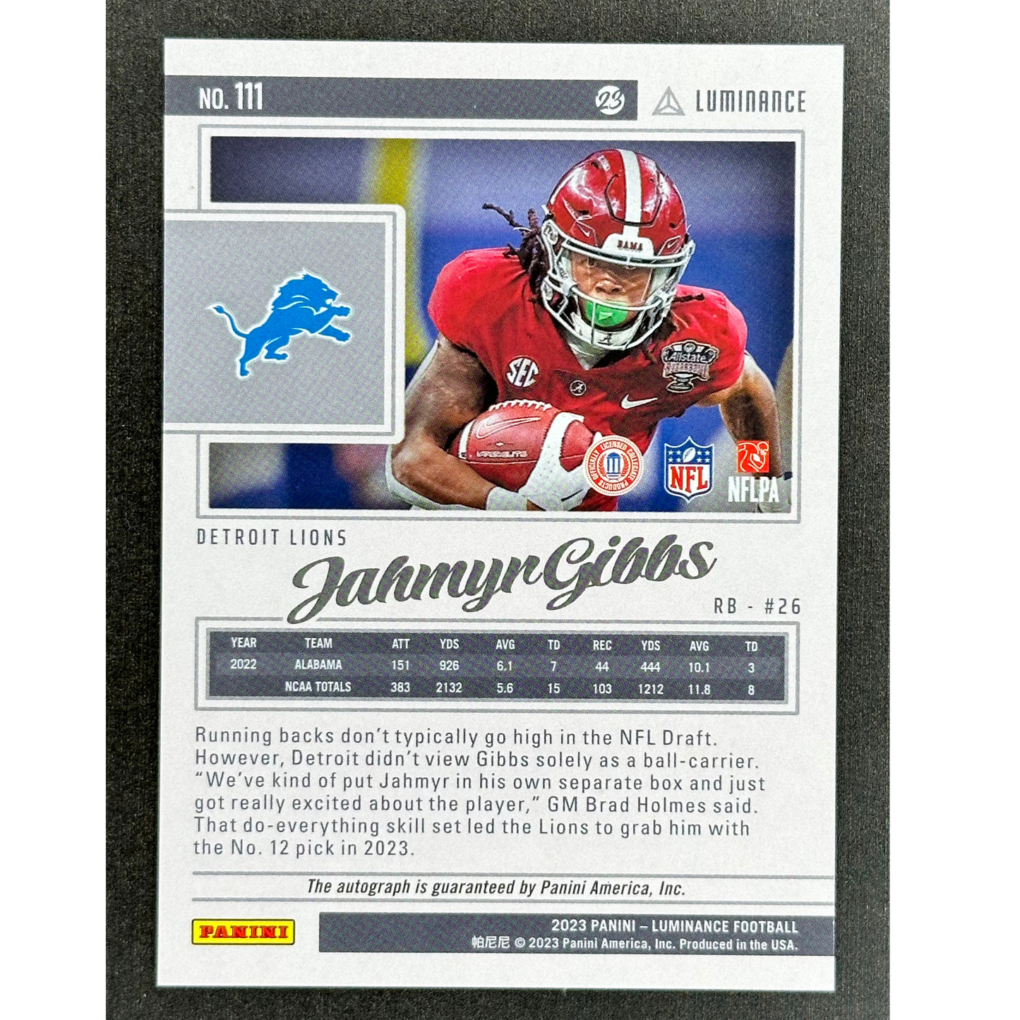 Jahmyr Gibbs 2023 Luminance RC Rookie Card Auto 21/125 #111