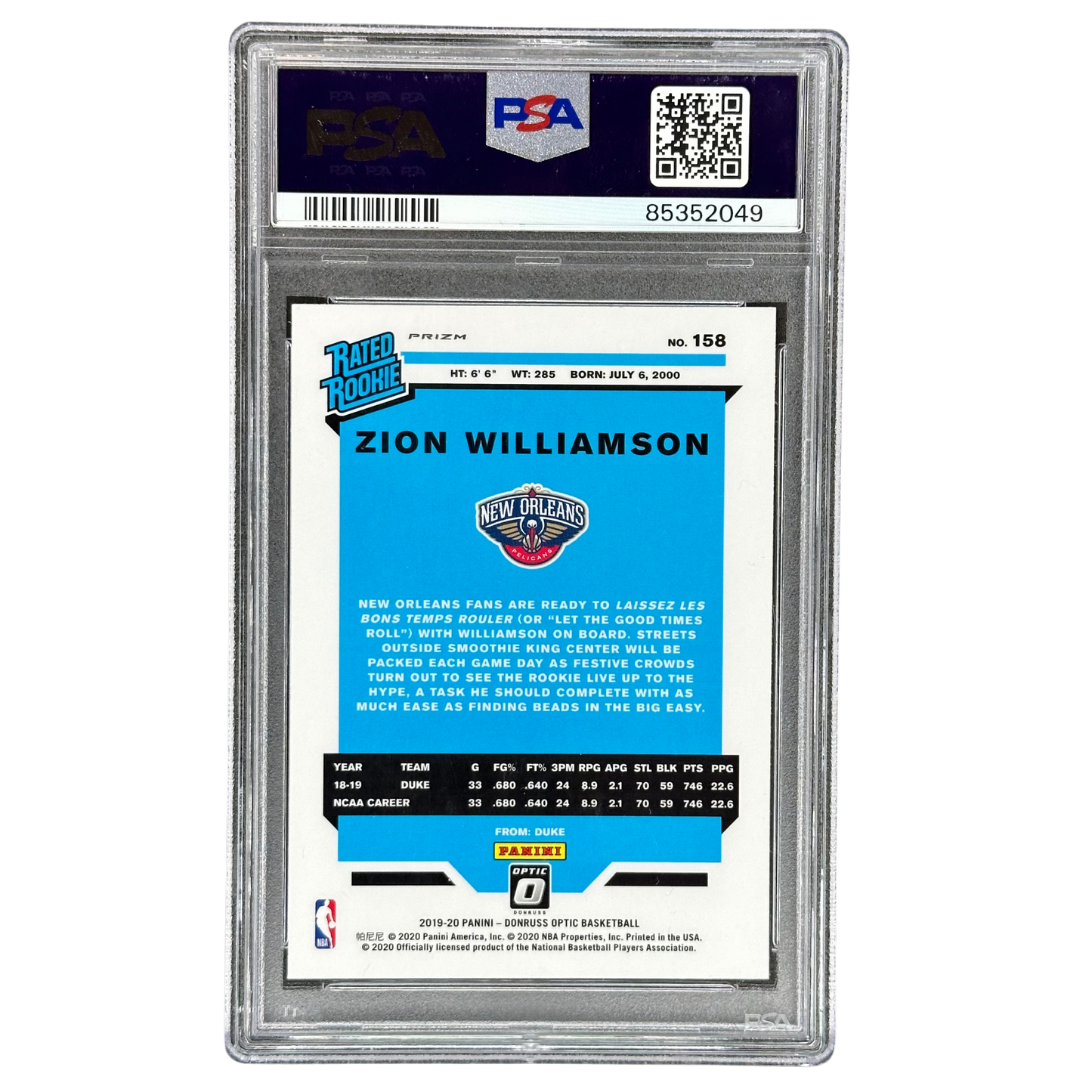 Zion Williamson 2019 Optic Hyper Pink RC Rookie Card PSA 10 #158