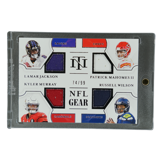 Lamar Jackson, Patrick Mahomes, Kyler Murray, Russell Wilson 2020 National Treasures NFL Gear 74/99 #QM-QB