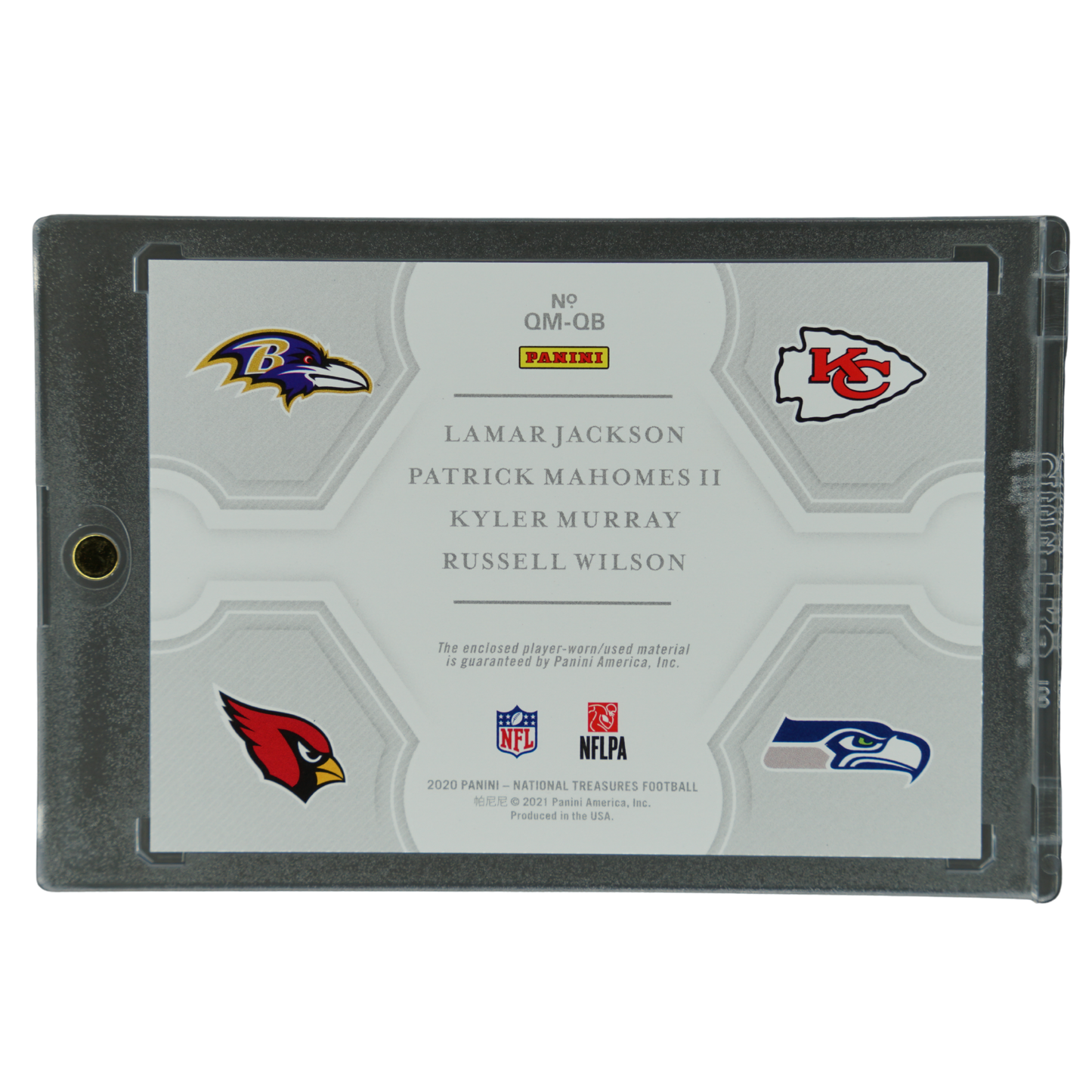 Lamar Jackson, Patrick Mahomes, Kyler Murray, Russell Wilson 2020 National Treasures NFL Gear 74/99 #QM-QB