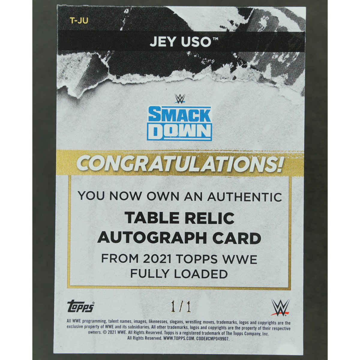 Jey Uso 2021 Fully Loaded 1/1 Memorabilia Table Relic Auto #T-JU