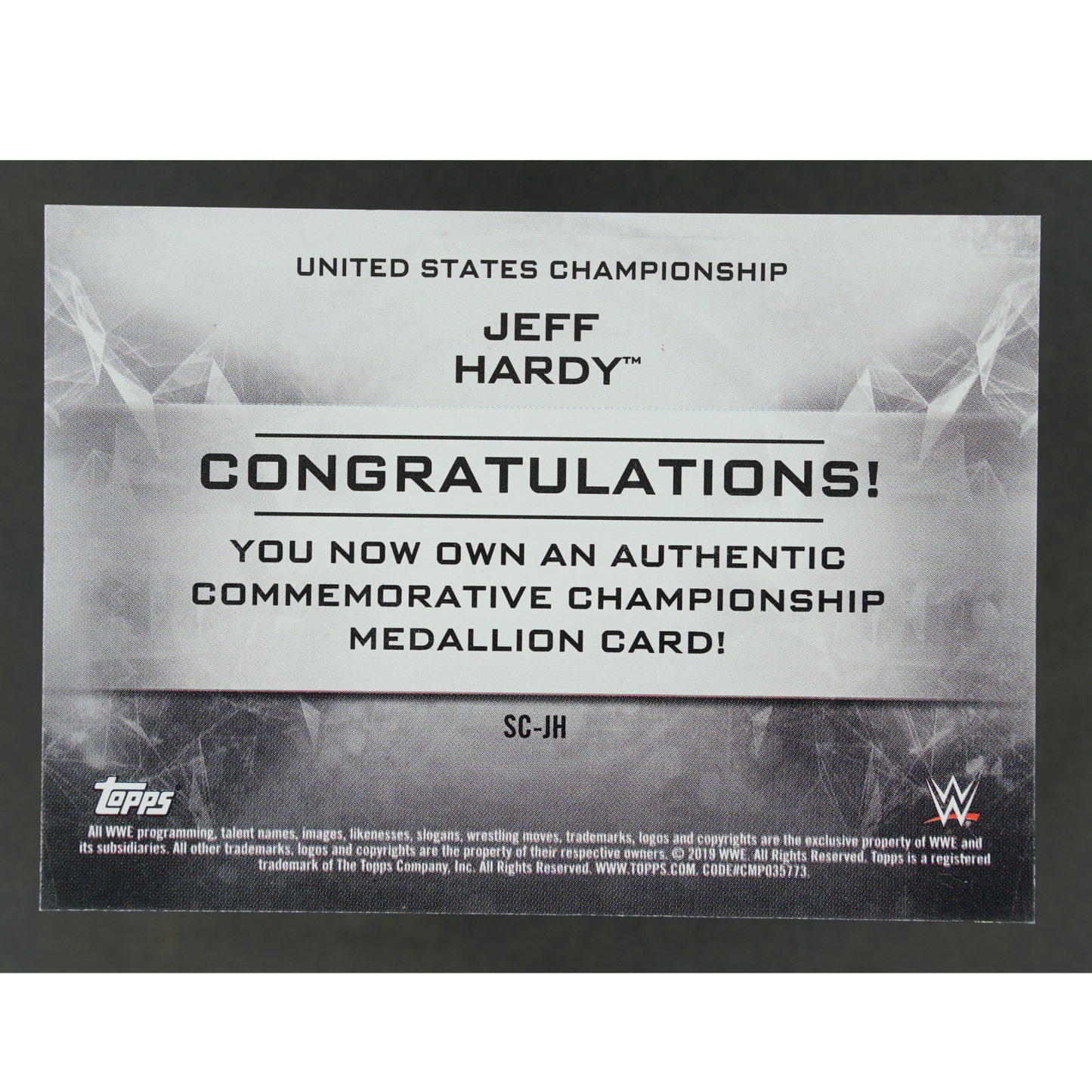 Jeff Hardy 2019 United States Champion Championship Medallion Card 3/10 #SC-JH