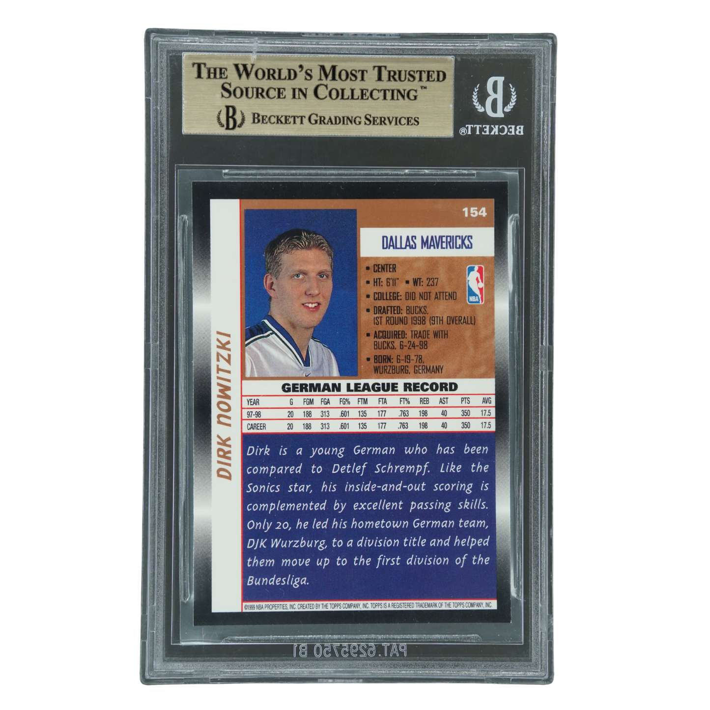 Dirk Nowitzki 1998-99 Topps RC BGS 9.5 #154