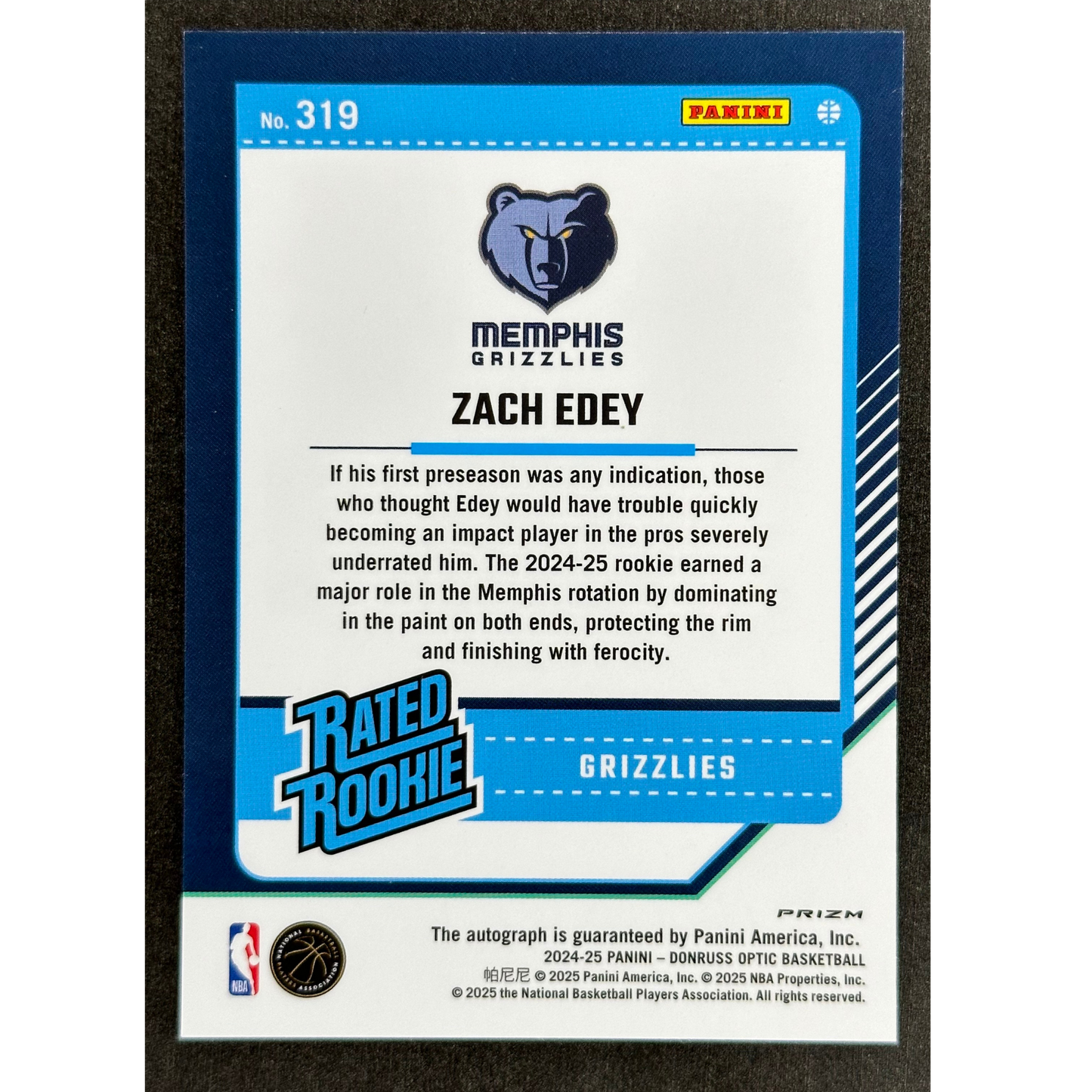 Zach Edey 2024 Optic RC Rookie Card Auto #319