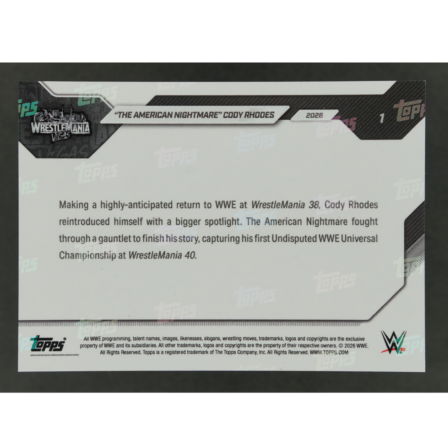 "The American Nightmare" Cody Rhodes 2026 Topps Now Wrestlemania Vegas Gold 48/50 #1