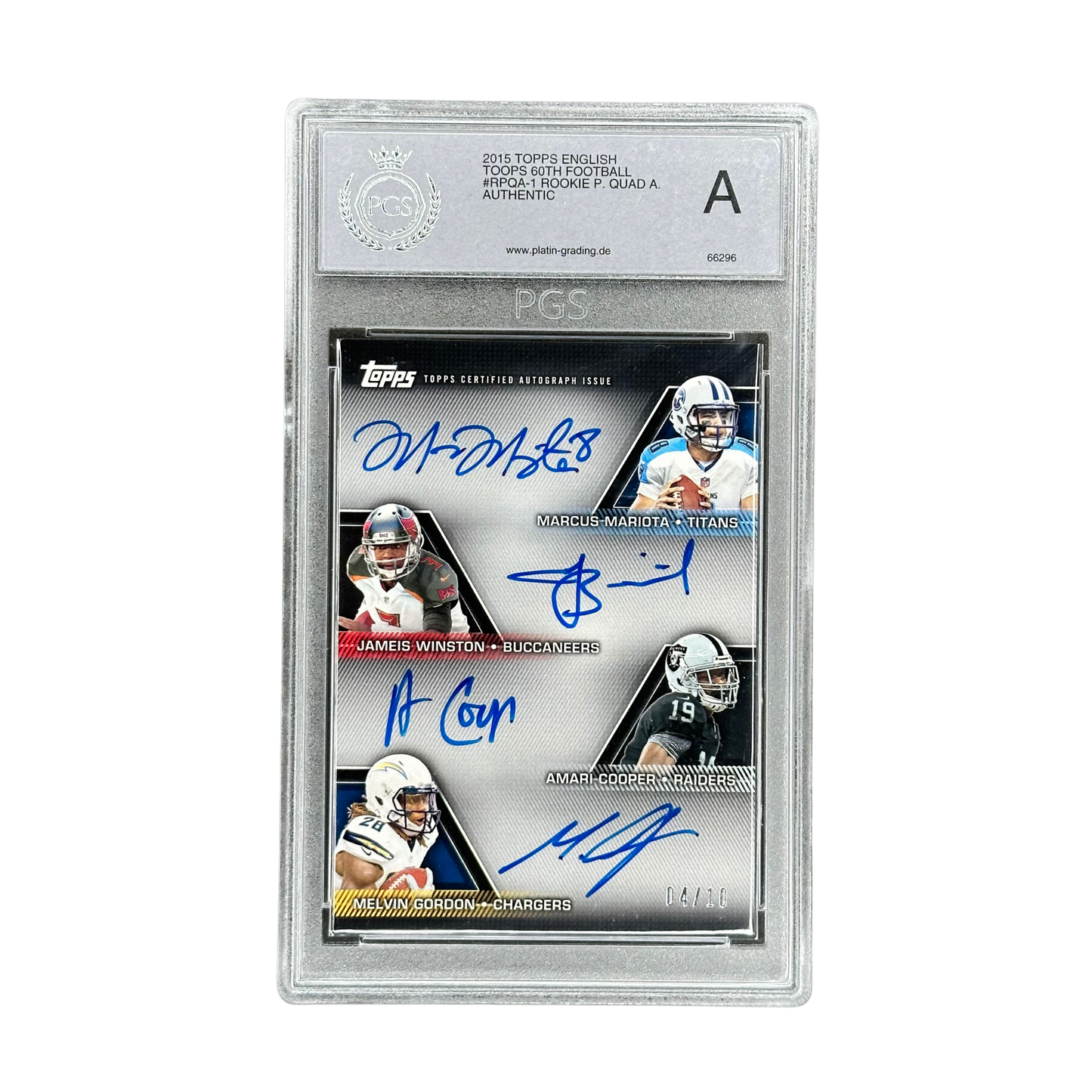 Marcus Mariota, Jameis Winston, Amari Cooper und Melvin Gordon 2015 Topps NFLPA Rookie Premiere Quad On Card Auto 04/10 #RPQA-1