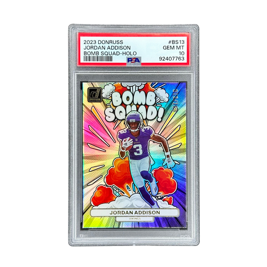 Jordan Addison 2023 Donruss Bomb Squad-Holo RC Rookie Card 53/100 PSA 10 #BS13