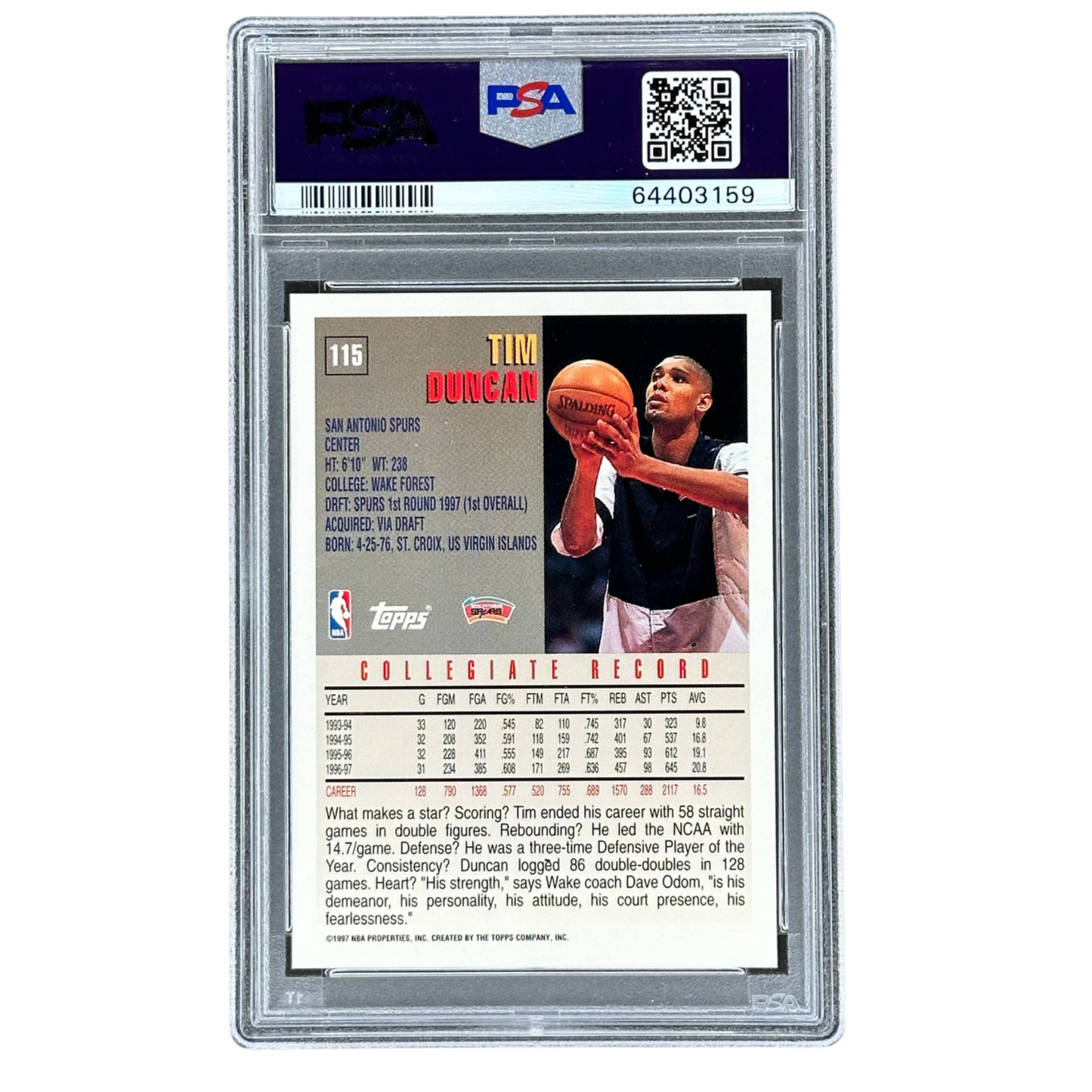 Tim Duncan 1997 Topps RC Rookie Card PSA 9 #115